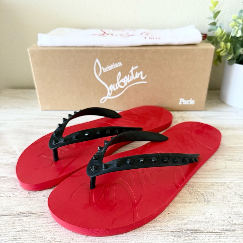 New Christian Louboutin Loubi Flip Flops with Red Soles, men size 43, US 10